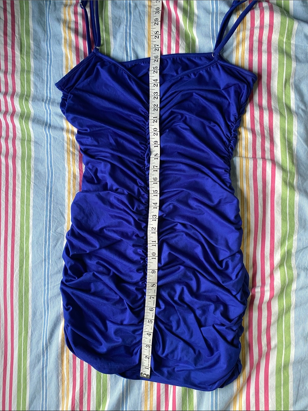 Royal Blue Ruched Mini Dress with Spaghetti Straps - Picture 3 of 5